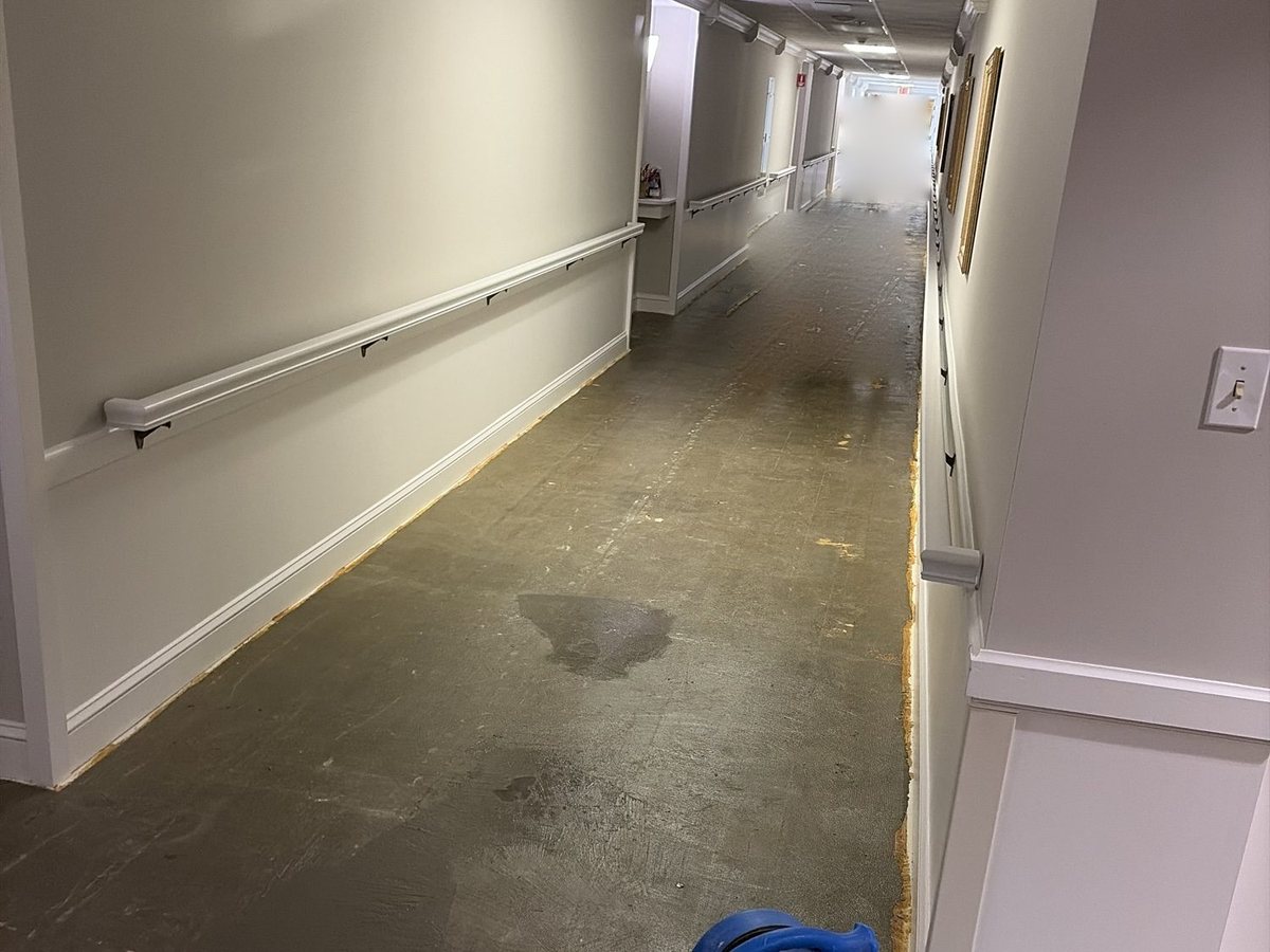 Long facility hallway with the old floor removed and adhesive being scraped